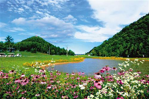 鲜花,蓝天,湖水,形成红池坝美丽的风景.